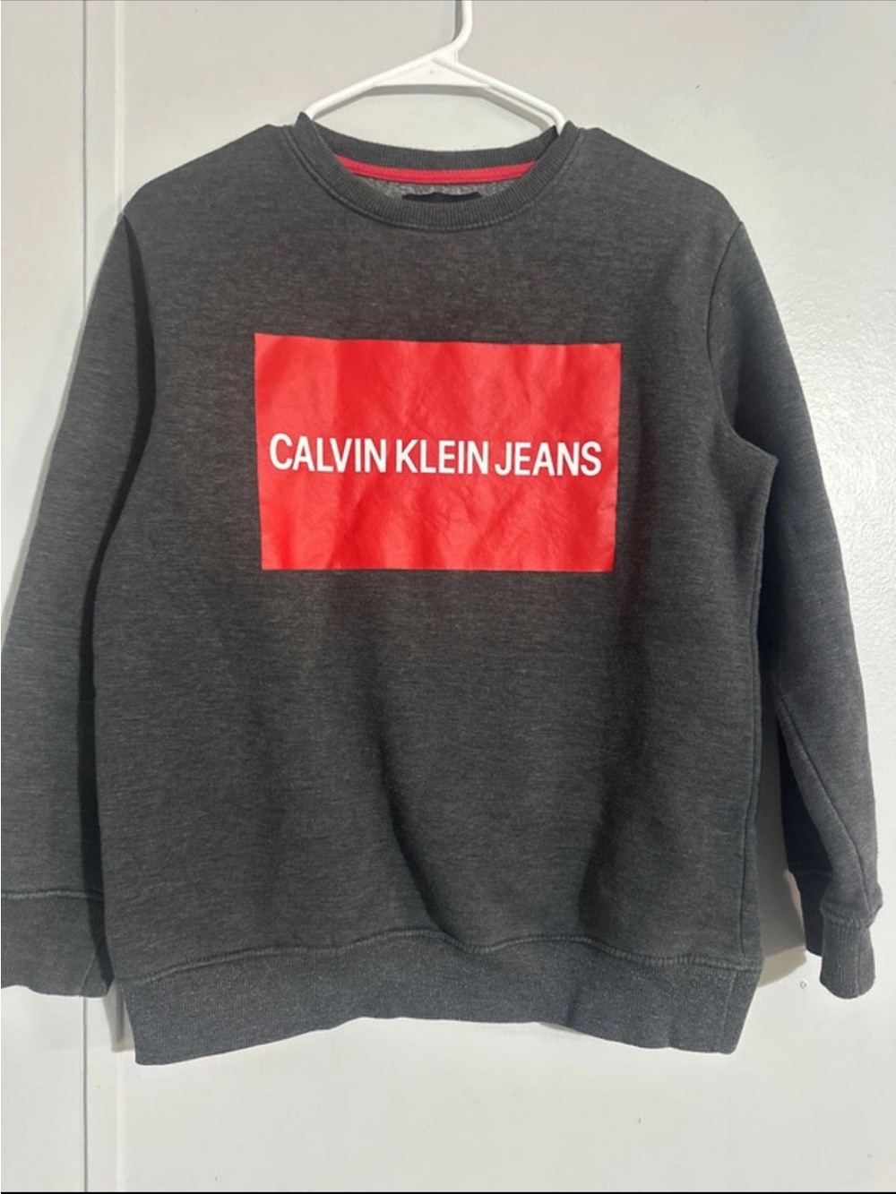 Calvin Klein Jeans Dark Gray Crewneck Sweatshirt with Red Logo Panel